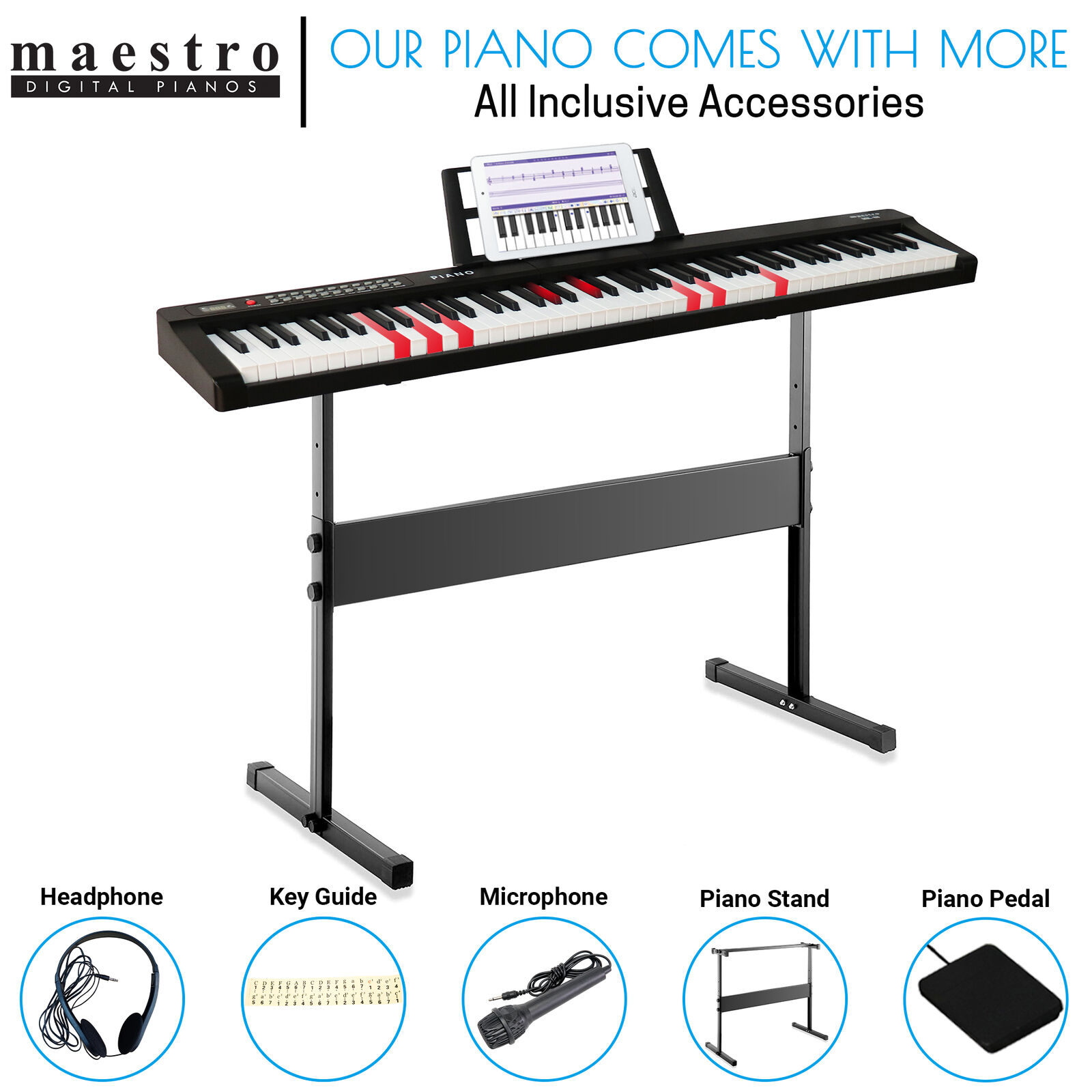 Maestro Mk L88Bt Beginner 88 Key Bluetooth Lighting Digital Piano Package W Stand Bonus Bench